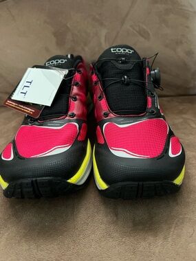 NWT Topo Athletic Women's Red Running Shoes with Yellow Accents